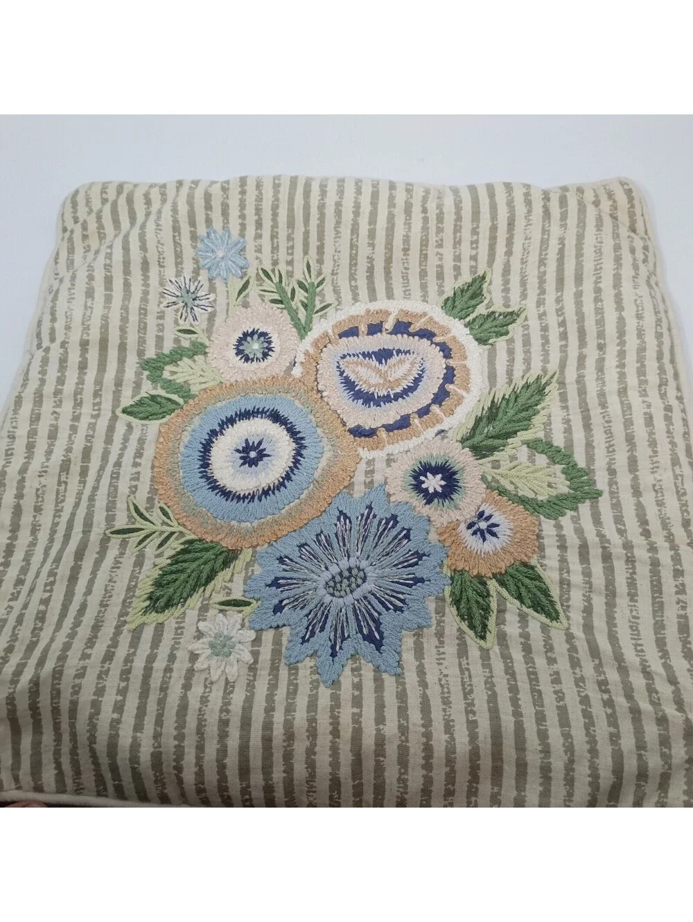 Pier 1 Imports Embroidered Throw Pillow Cover Floral Bouquet Striped Design 16